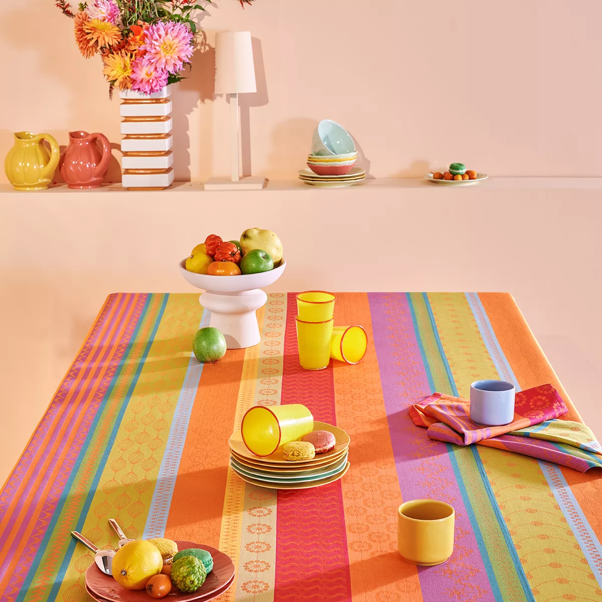 Tablecloth 100% cotton coated jacquard pattern orange green Mille broderies samba