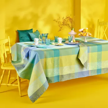 Tablecloth 100% cotton jacquard pattern blue Mille rainures atoll