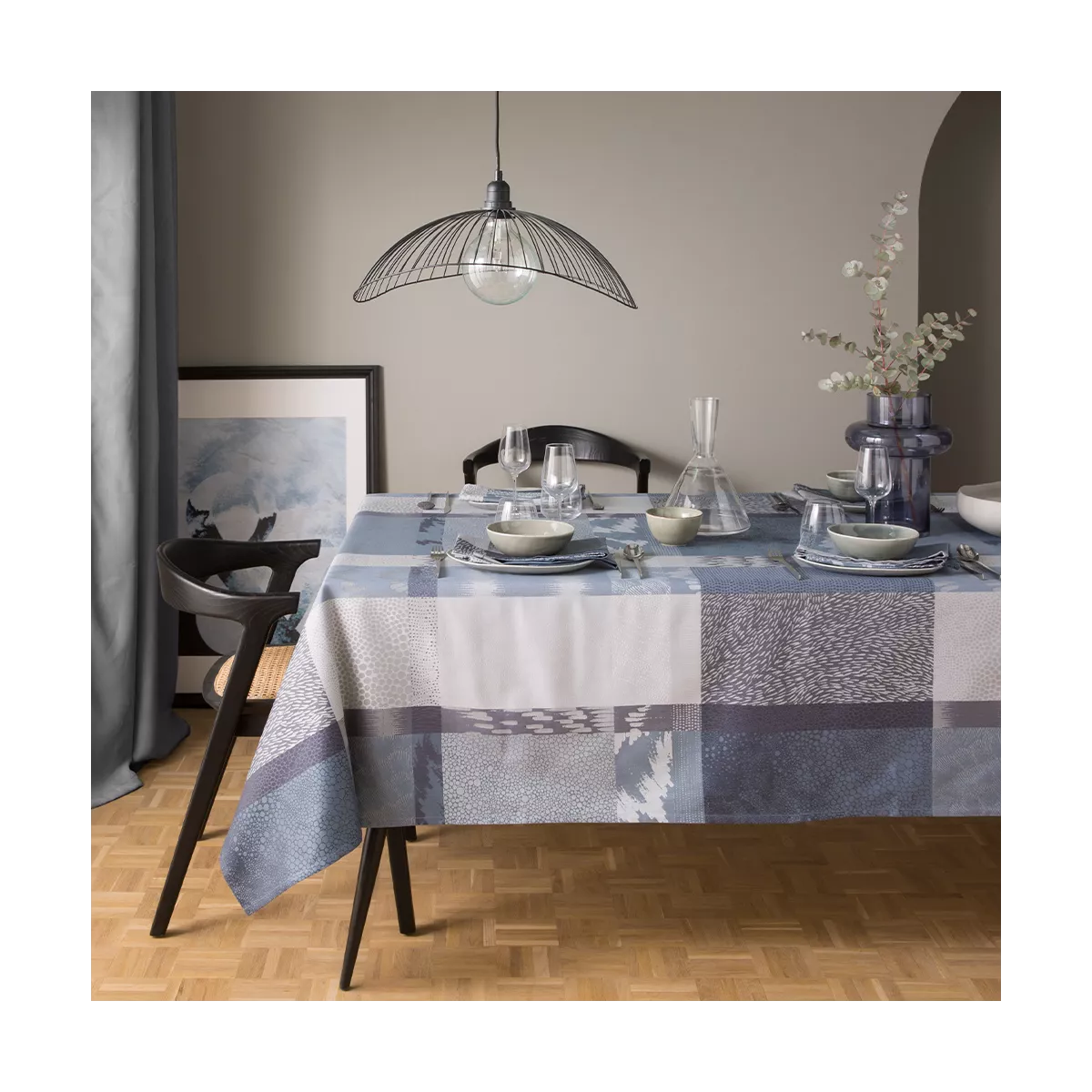 Table linen set 100% cotton jacquard pattern grey blue Mille matieres orage