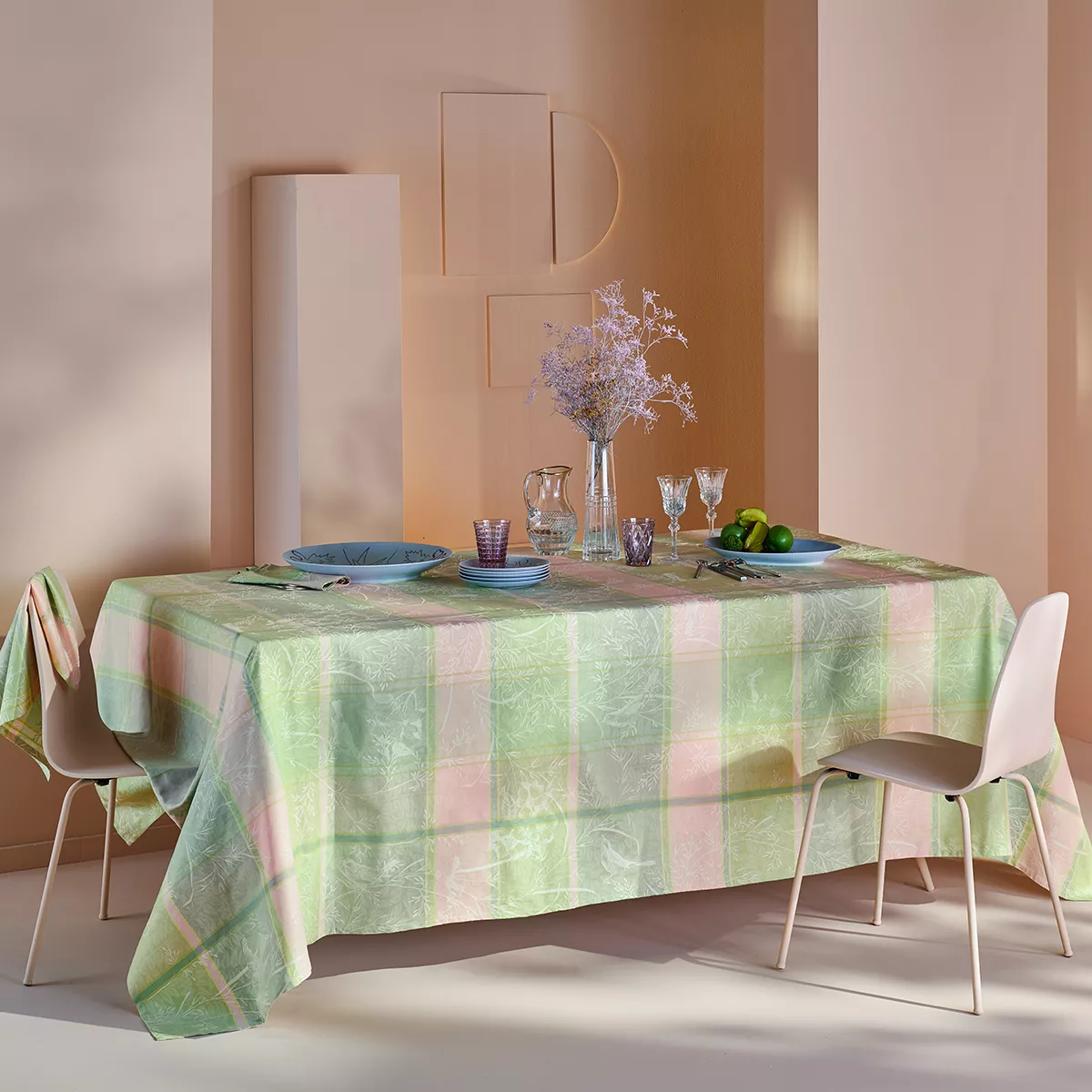 Table linen set 100% cotton jacquard pattern green pink Mille printemps eclosion