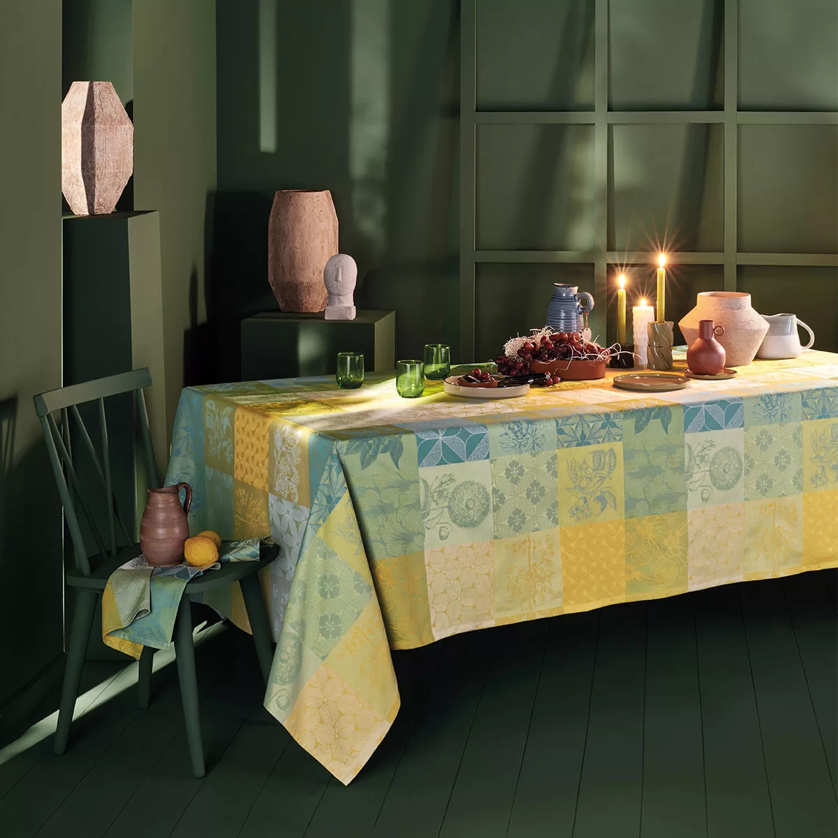 Table linen set 100% cotton jacquard pattern green yellow Mille parfums limoni