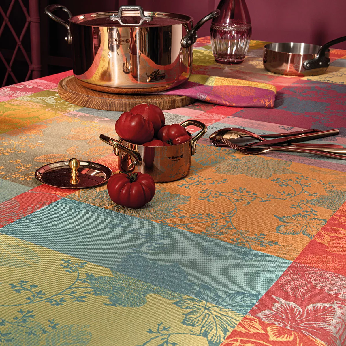 Table linen set 100% cotton coated jacquard pattern orange burgundy Mille sous bois automne