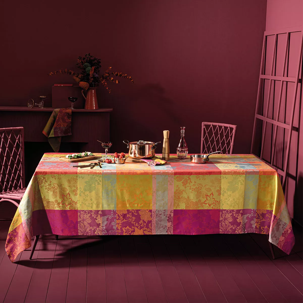 Table linen set 100% cotton jacquard pattern orange burgundy Mille sous bois automne