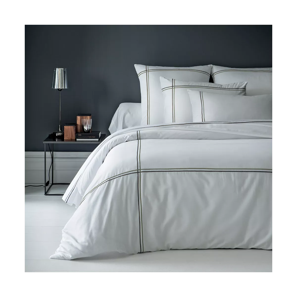 Duvet cover cotton sateen plain set green white Palais chic bronze