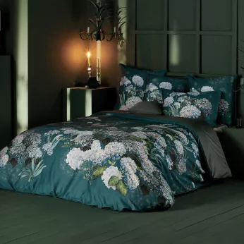 Duvet cover cotton sateen printed blue green Maelys satin canard