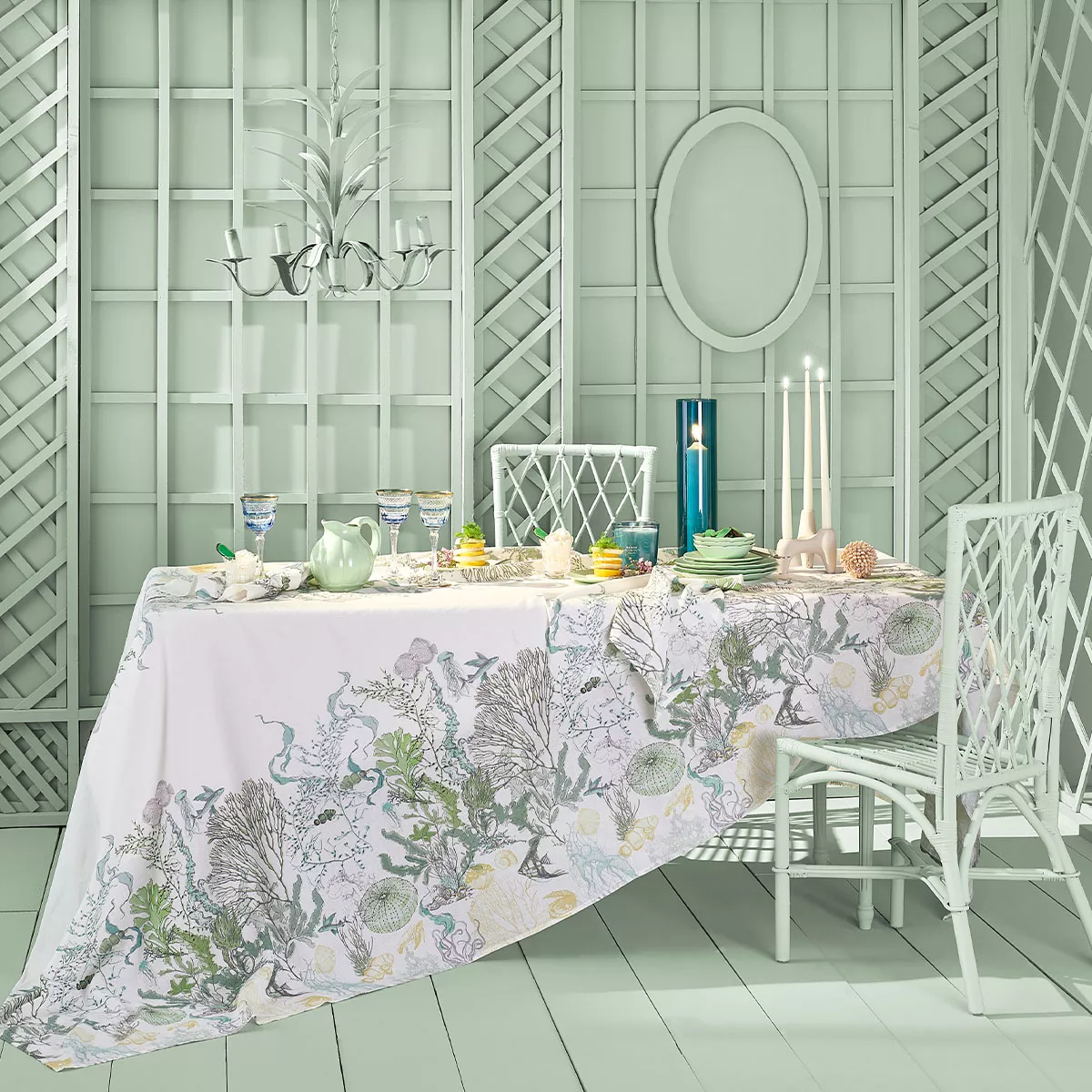 Table linen set linen & cotton prewashed 150 gsm printed green blue Balade marine verde