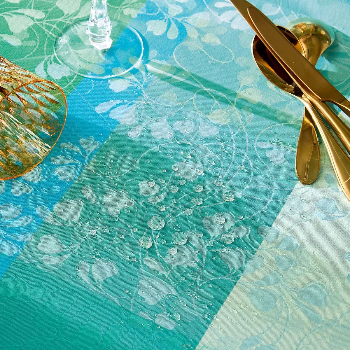 Table linen set 100% cotton coated jacquard pattern green blue Mille feuillages turquoise