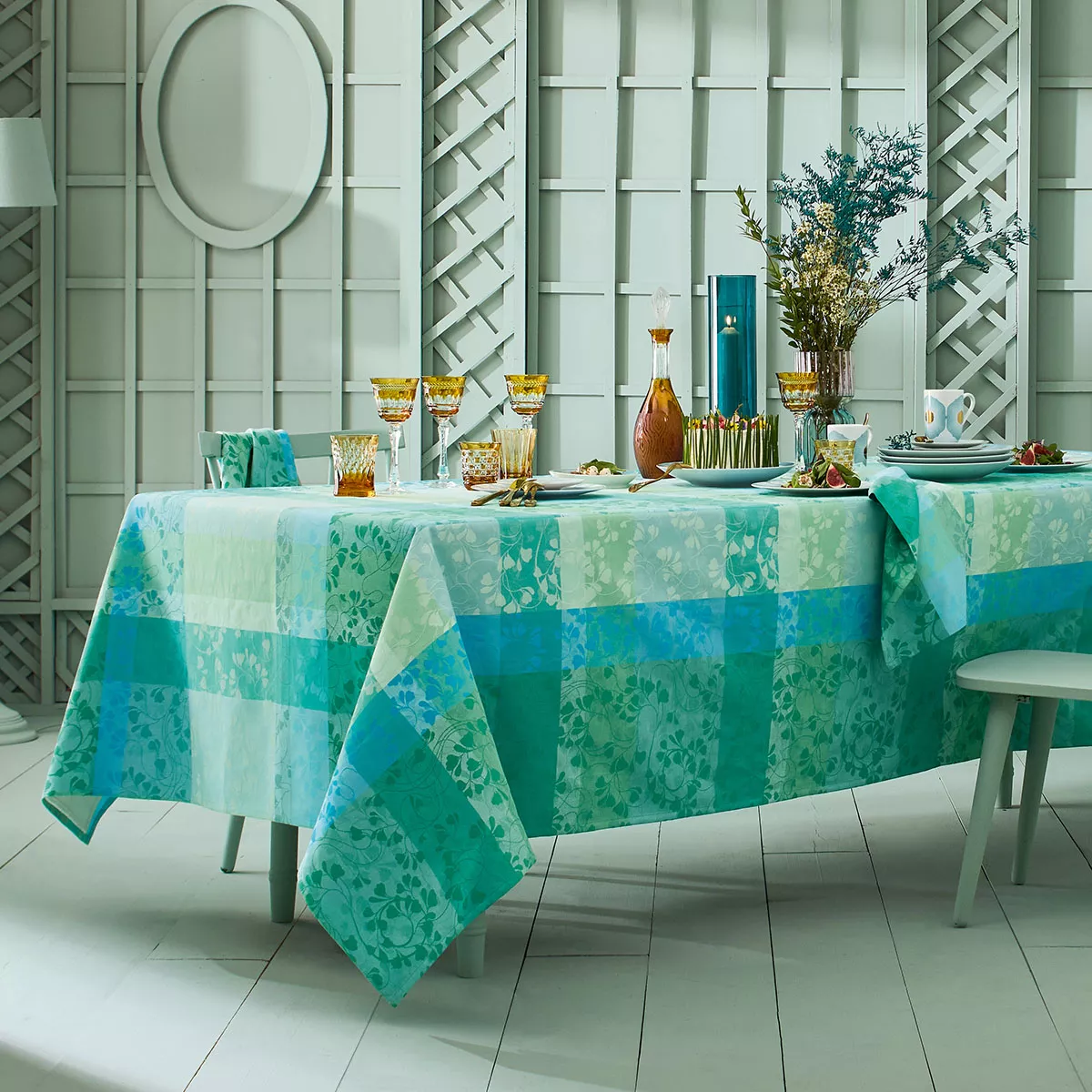 Table linen set 100% cotton jacquard pattern green blue Mille feuillages turquoise