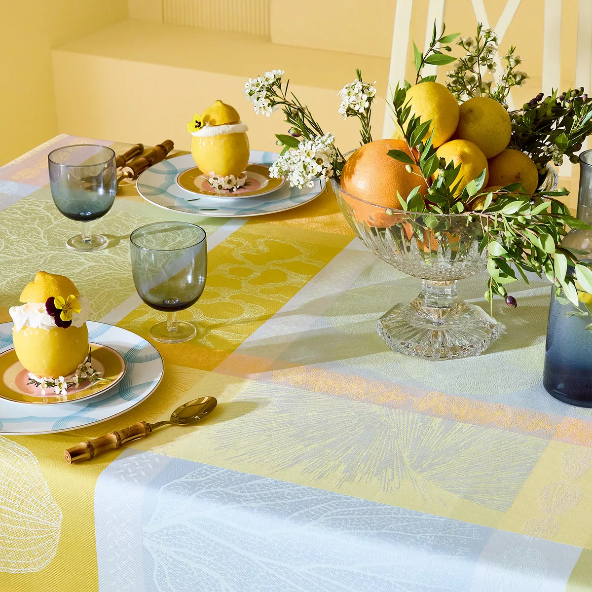 Table linen set 100% cotton coated jacquard pattern green yellow Mille lieues aube