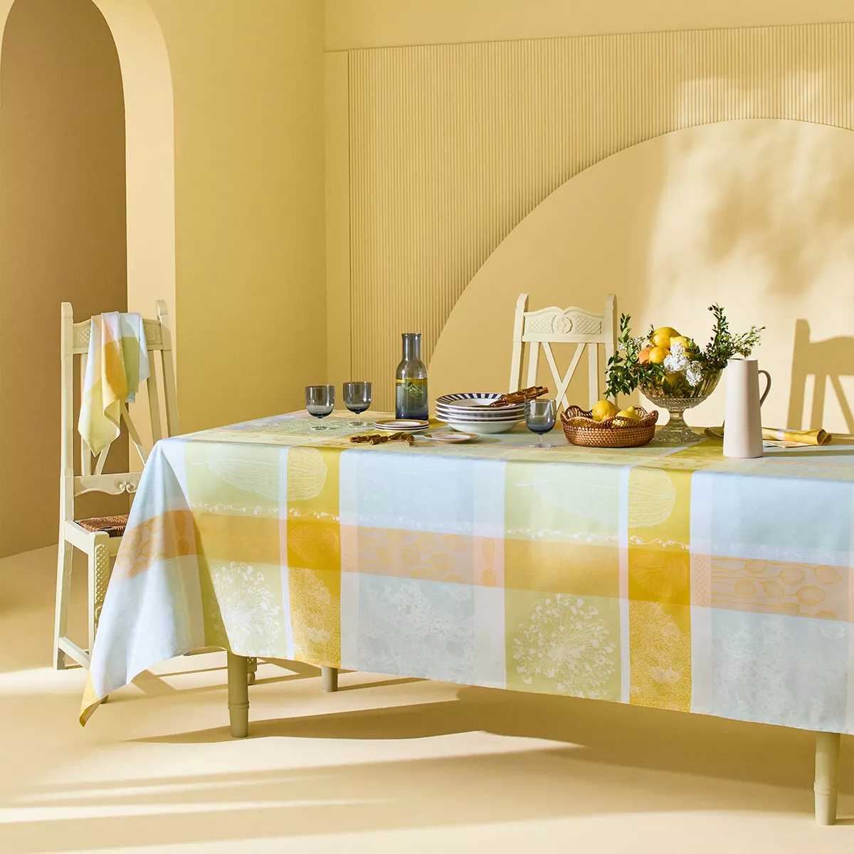 Table linen set 100% cotton jacquard pattern green yellow Mille lieues aube