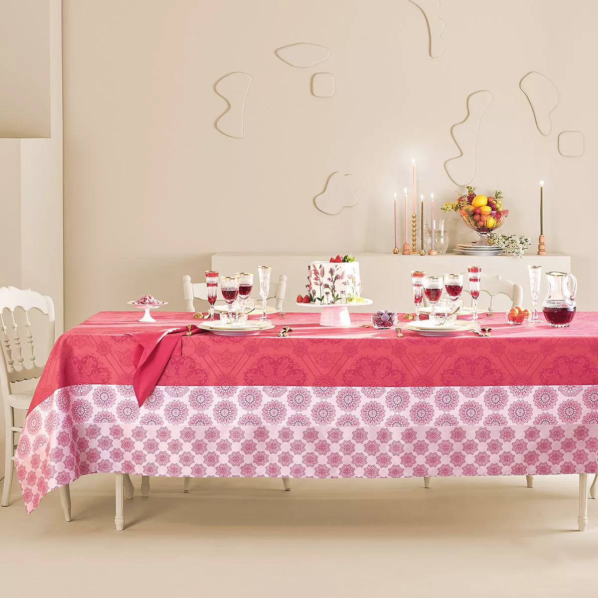 Table linen set 100% cotton jacquard pattern pink blue Mille rosaces framboise