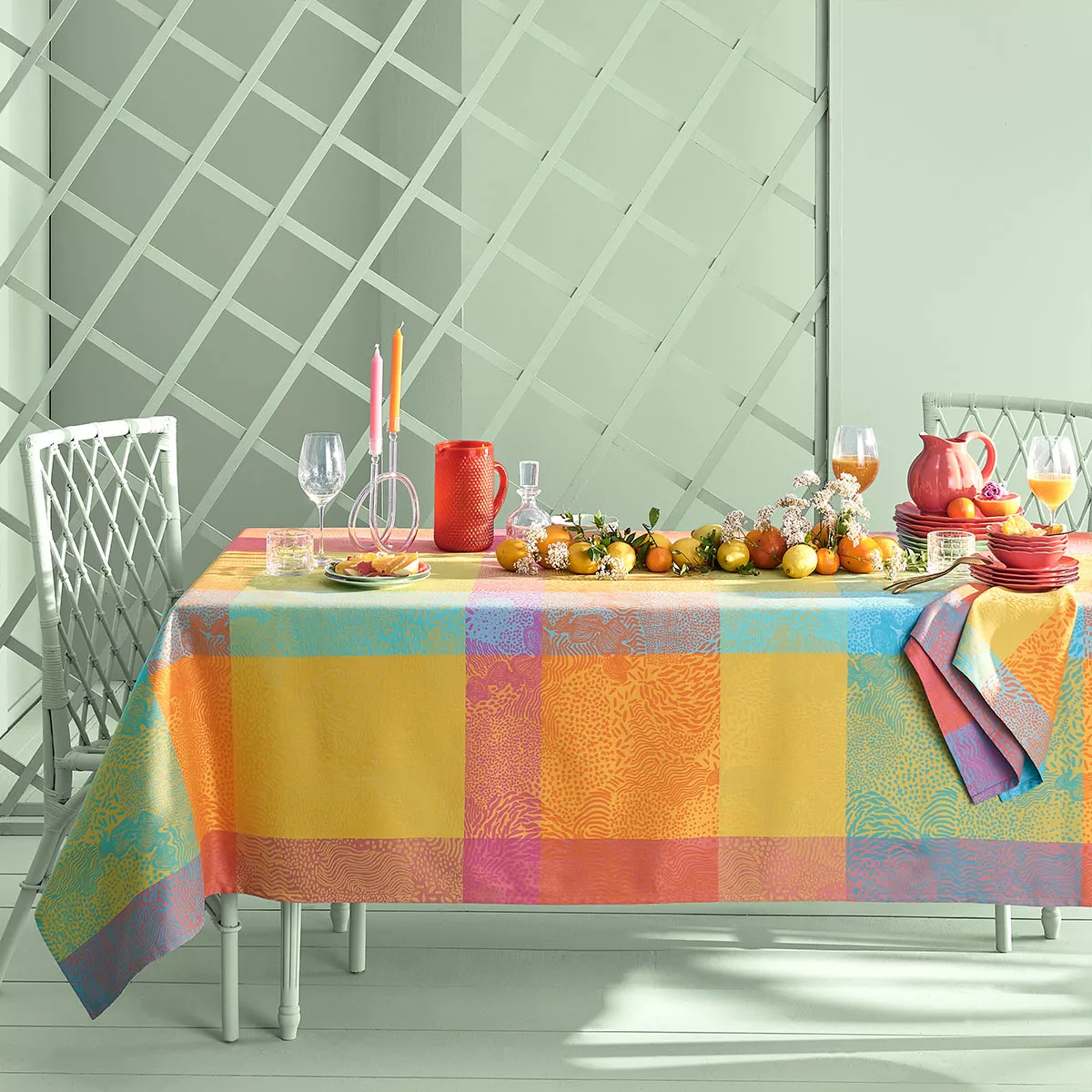 Table linen set 100% cotton jacquard pattern orange blue Mille vagues exotique