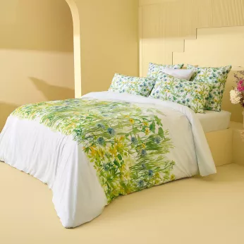 Duvet cover + pillowcases cotton percale printed yellow green Aube florale prairie