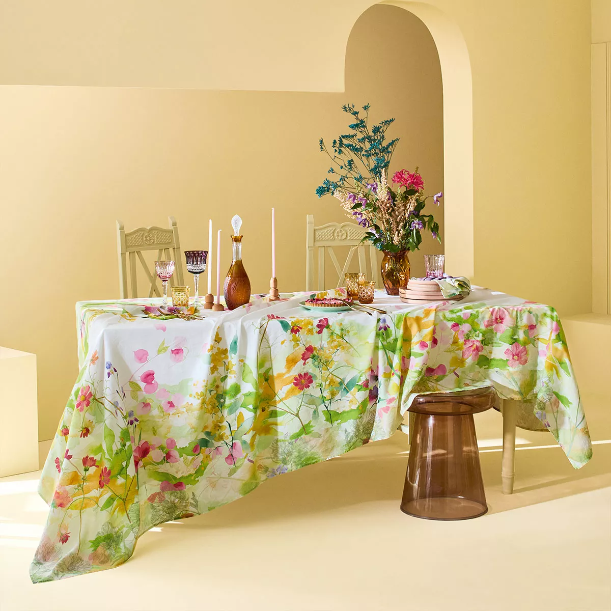 Table linen set linen & cotton prewashed 150 gsm printed yellow green pink Souffle fleuri printemps