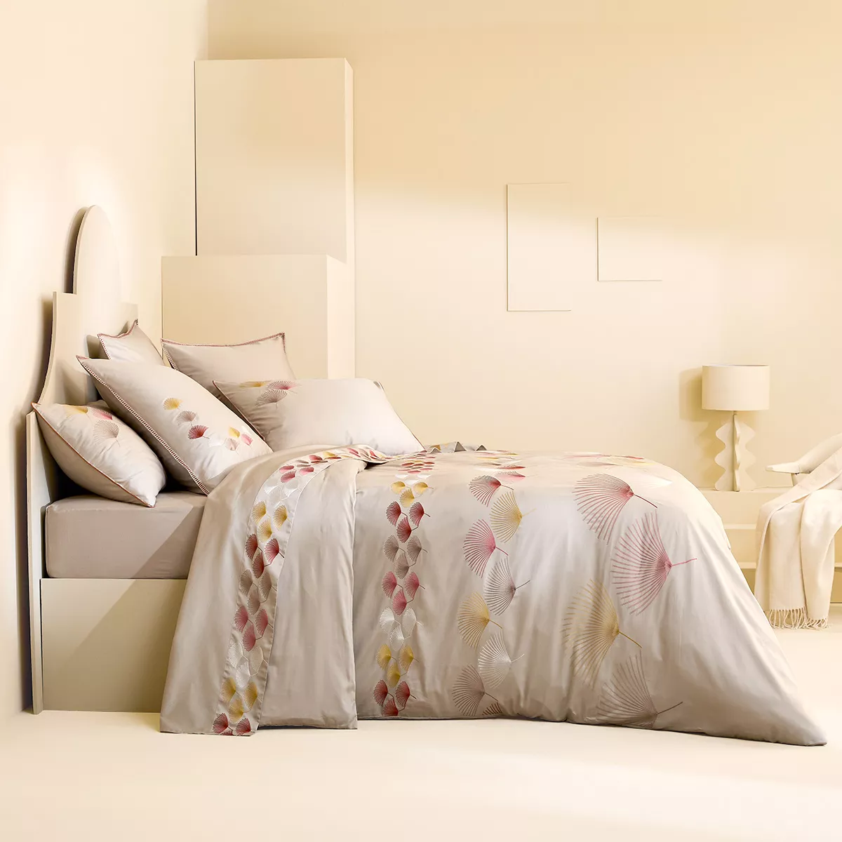 Bed set cotton sateen embroidered orange beige Pistil automne