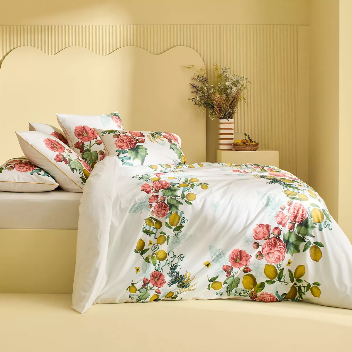 Bed set cotton percale prewashed printed yellow pink Citrons de menton romance