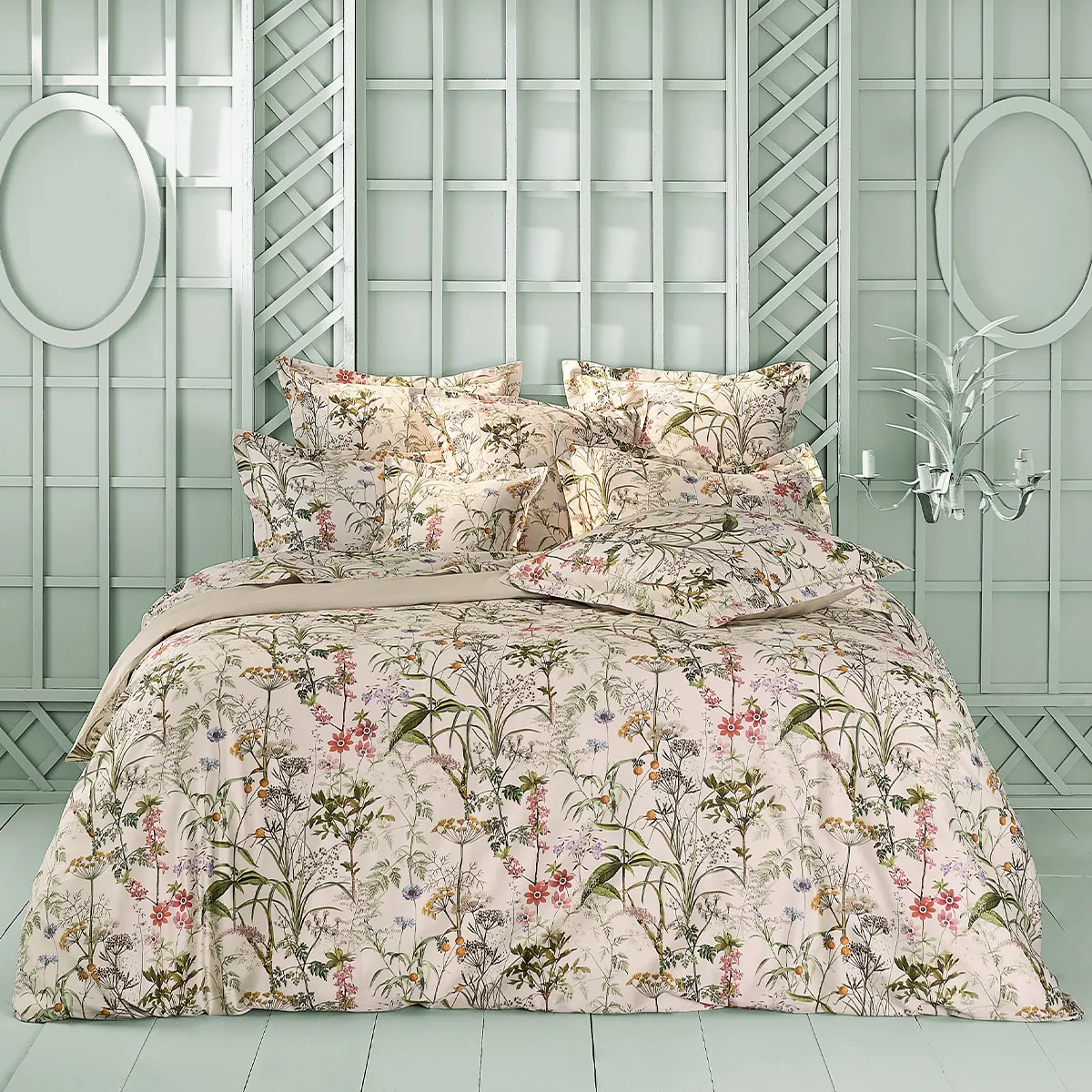 Bed set cotton sateen printed green beige Prairie legere beige