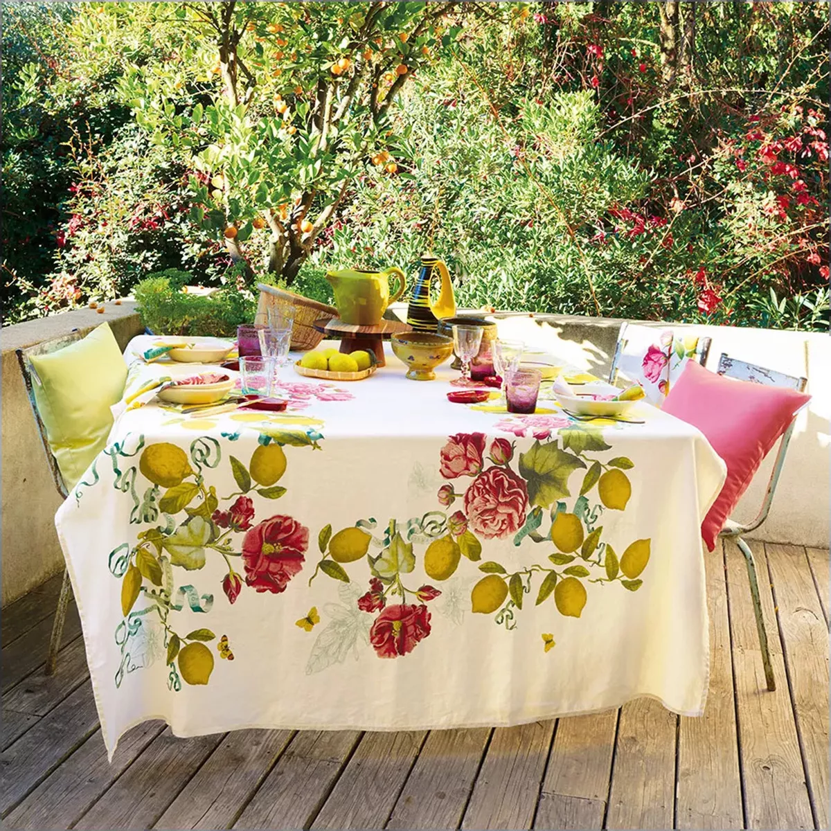 Table linen set linen & cotton prewashed 190 gsm printed ivory green Citrons de menton romance