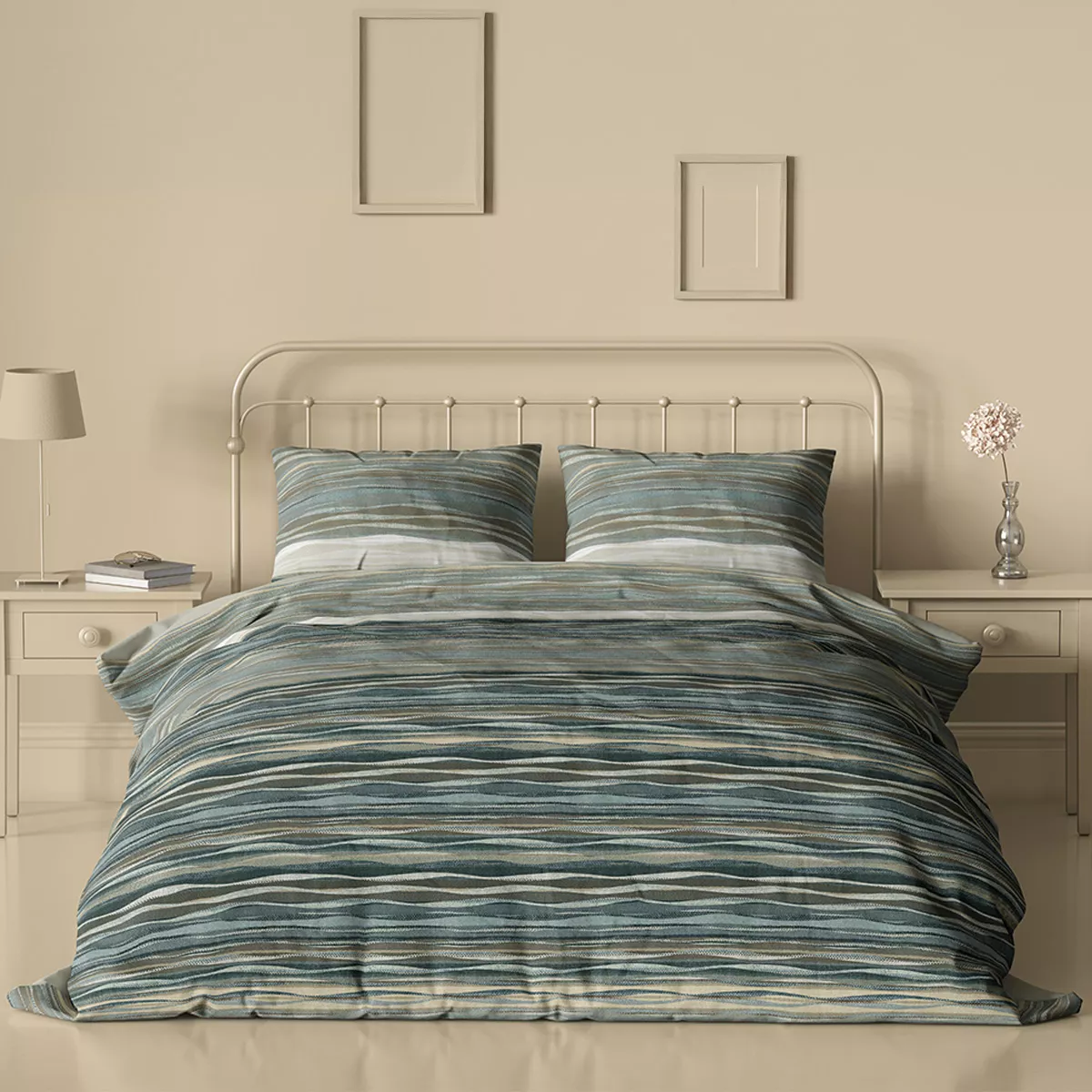 Bed set cotton sateen printed green blue Strates ecume