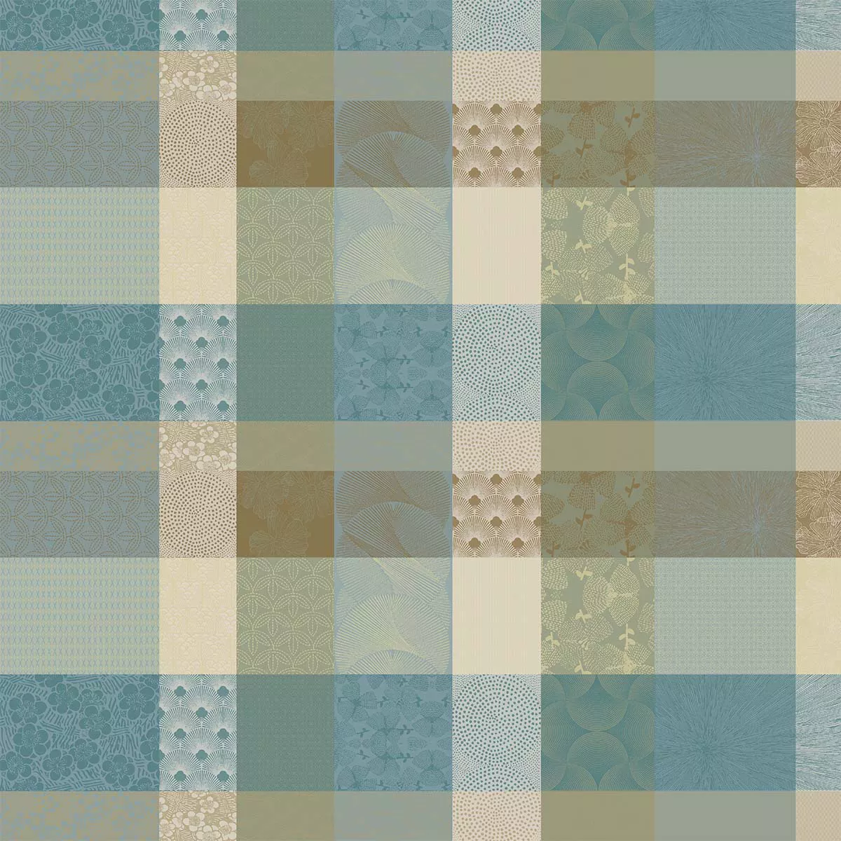 Custom made tablecloth 100% cotton coated jacquard pattern beige blue Mille zen ecume
