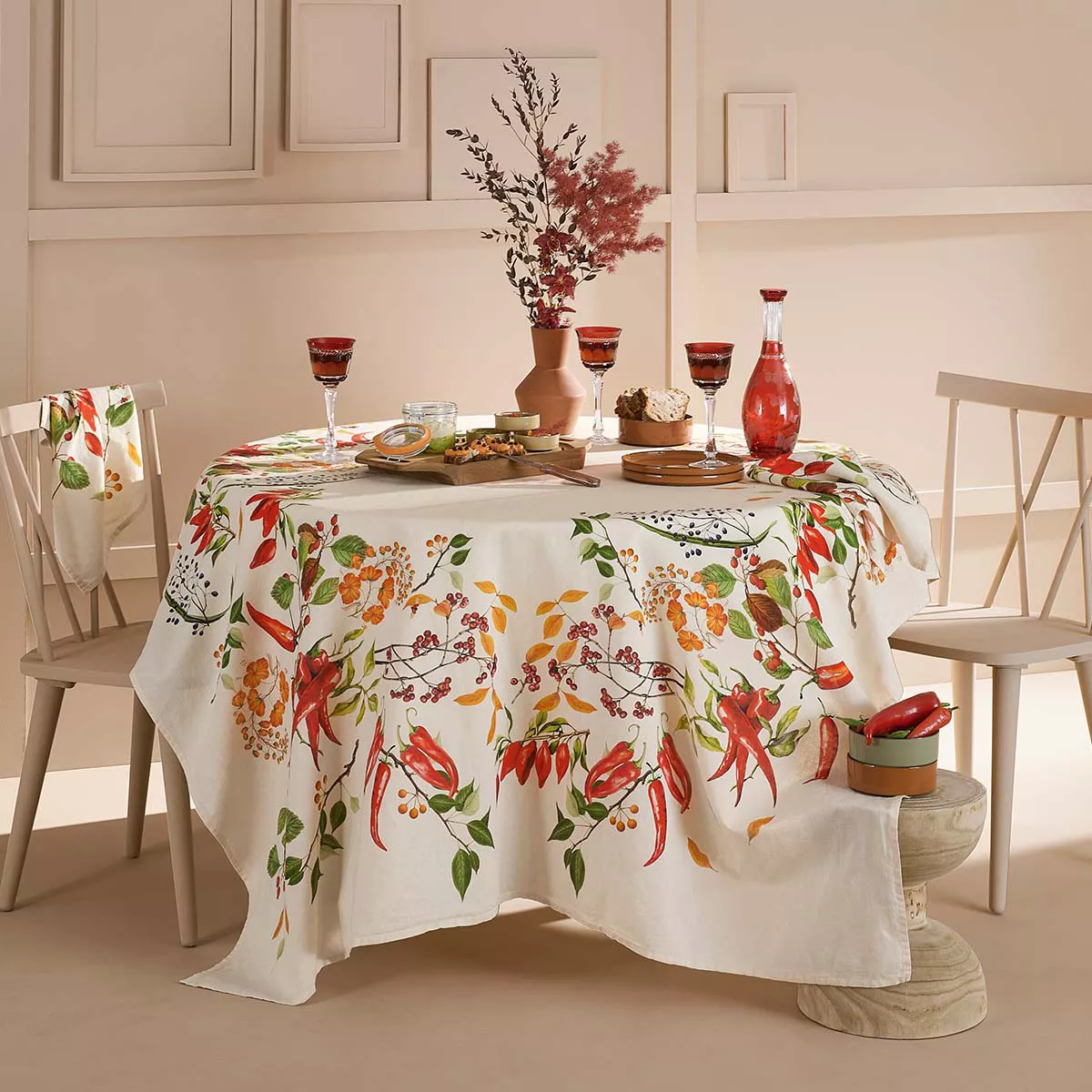 Table linen set linen & cotton prewashed 150 gsm printed red green Piments doux caliente
