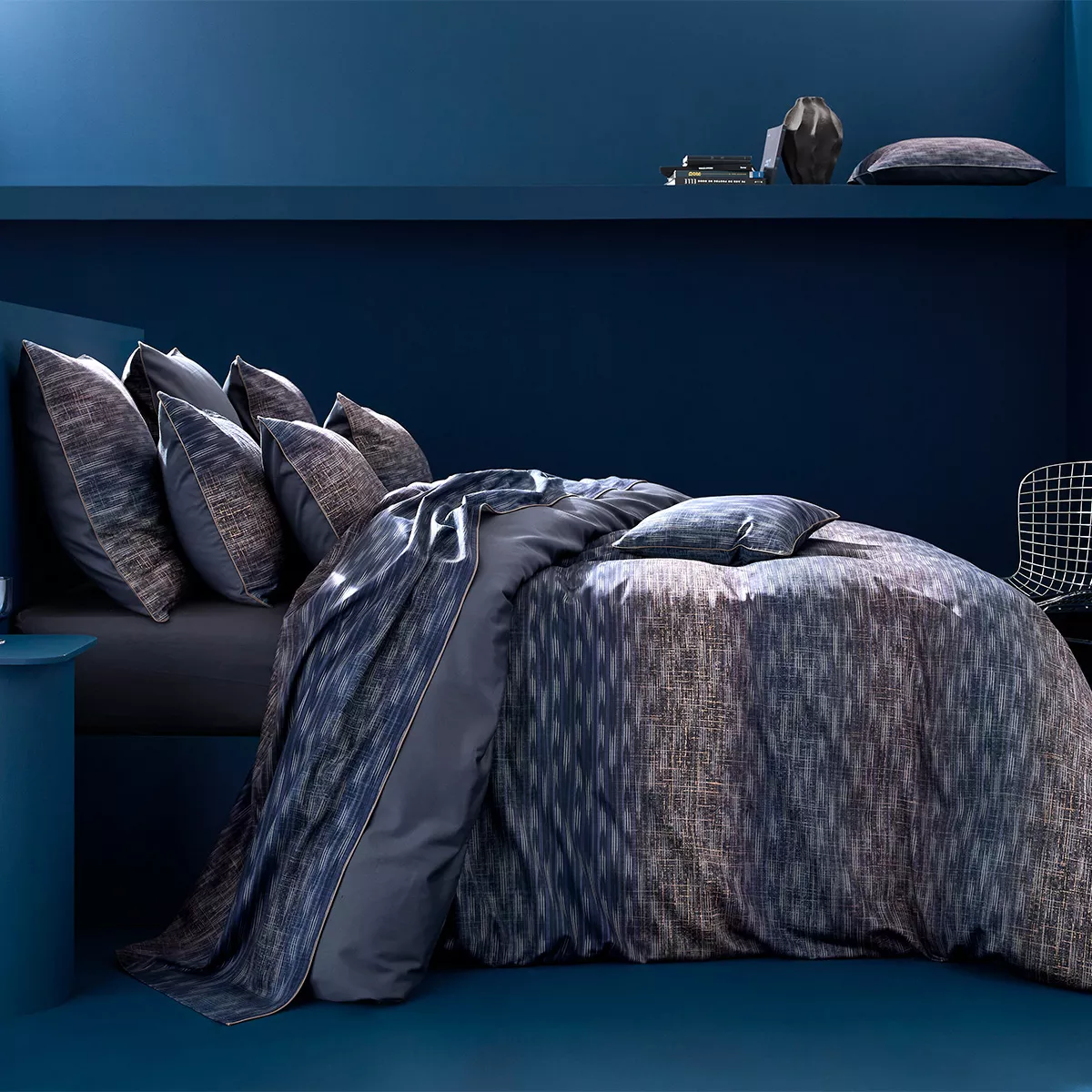 Bed set cotton sateen printed navy blue orange Mist nocturne