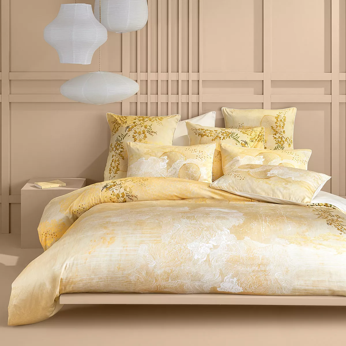 Bed set cotton sateen printed gold yellow Soleil d'or dore