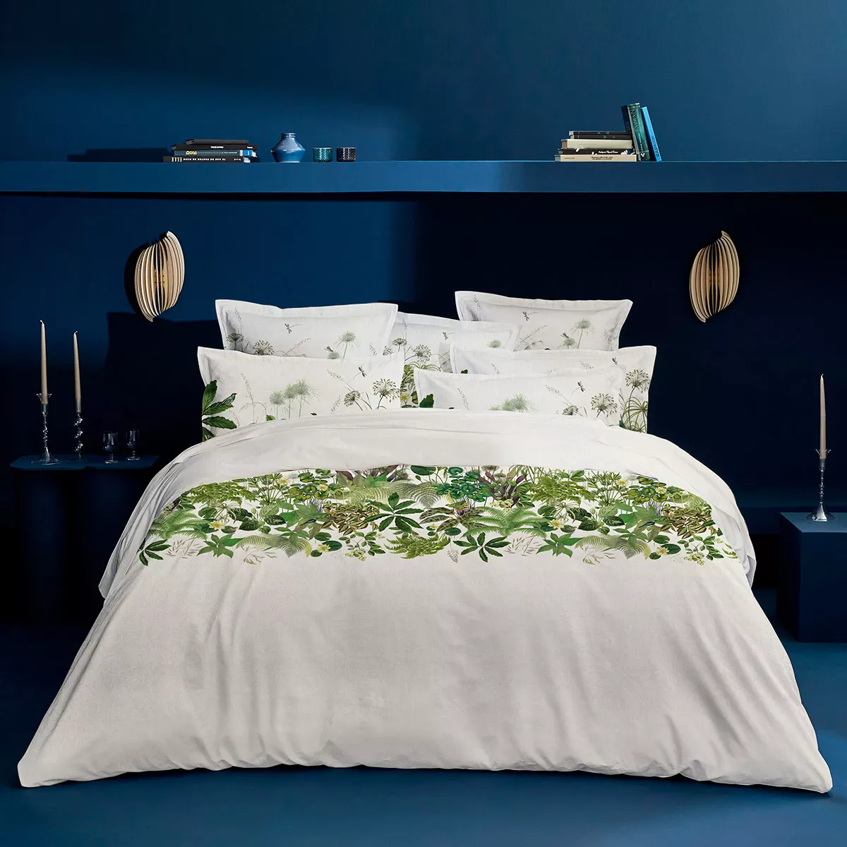 Duvet cover + pillowcases cotton percale printed green beige Nenuphars parchemin