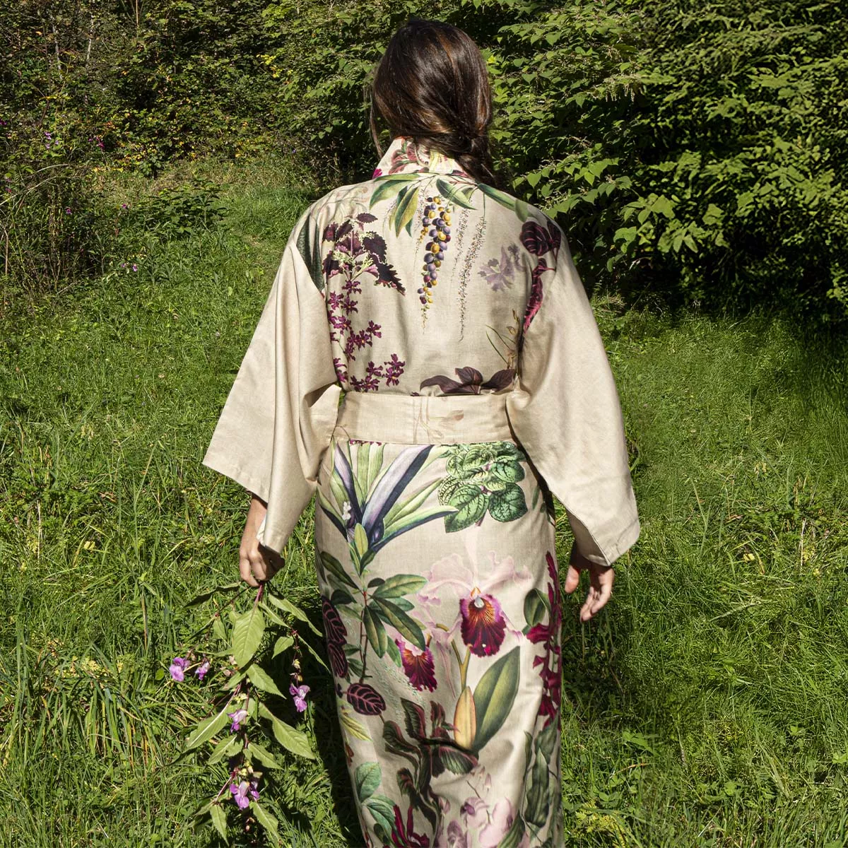 Kimono long cotton sateen printed beige green pink Parfum d'orchidee grege