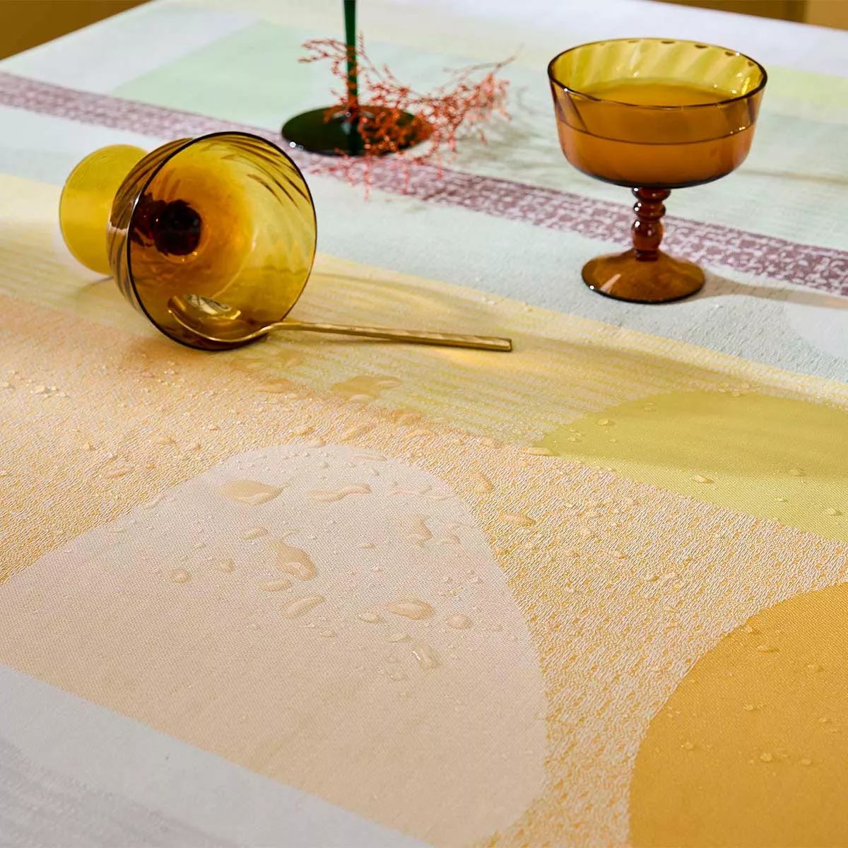 Table linen set 100% cotton coated jacquard pattern orange green Mille galets terre cuite