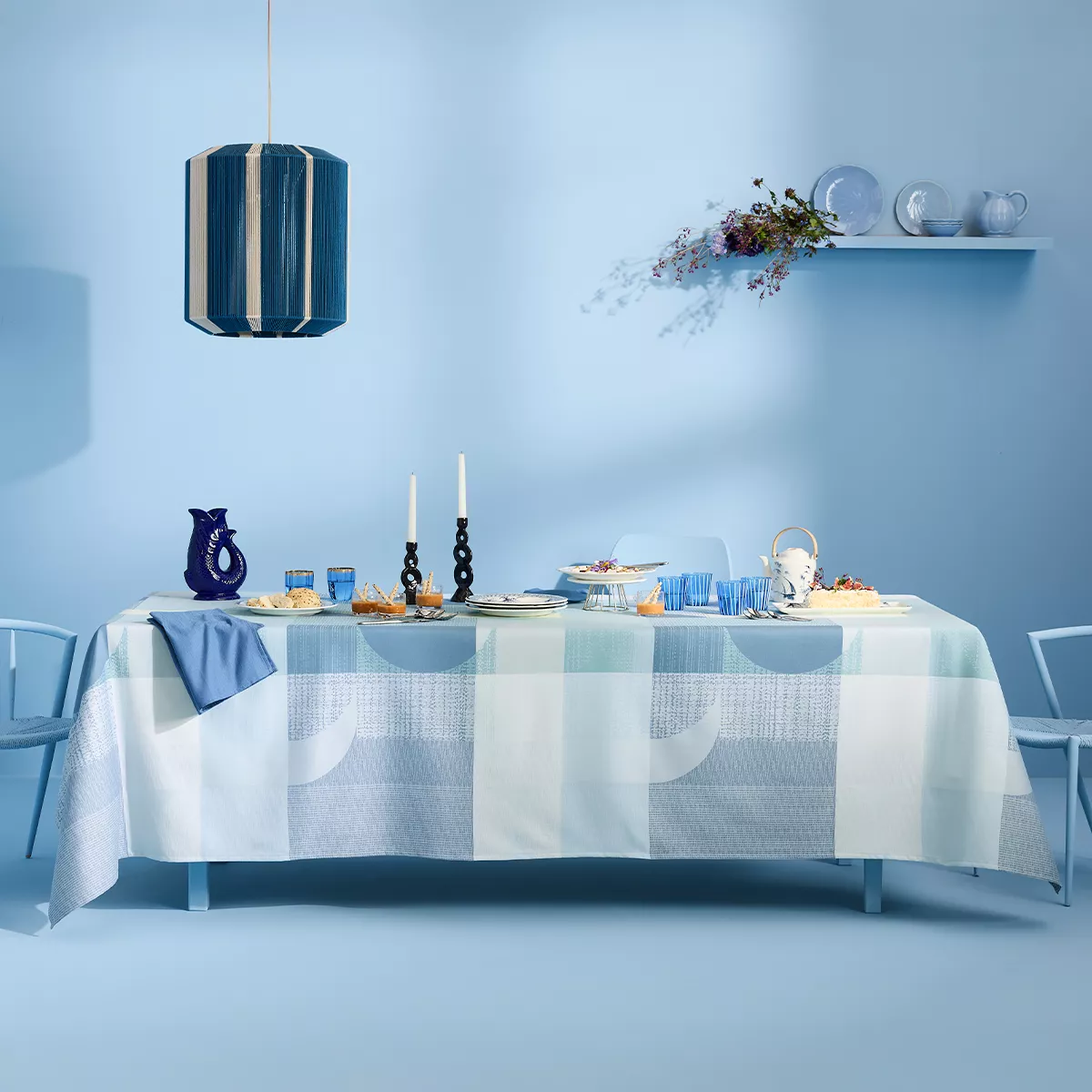 Table linen set 100% cotton jacquard pattern green blue Mille textures bleu