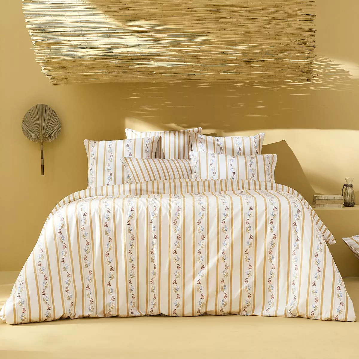Duvet cover + pillowcases cotton percale prewashed stripes beige yellow Honfleur paille