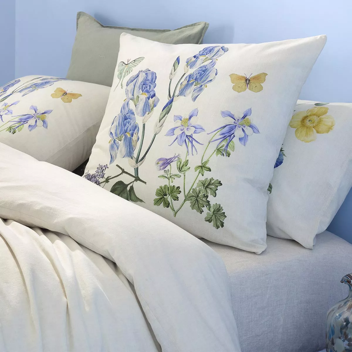 Pillowcase linen & cotton prewashed 130 gsm printed yellow blue Iris d'ete naturel