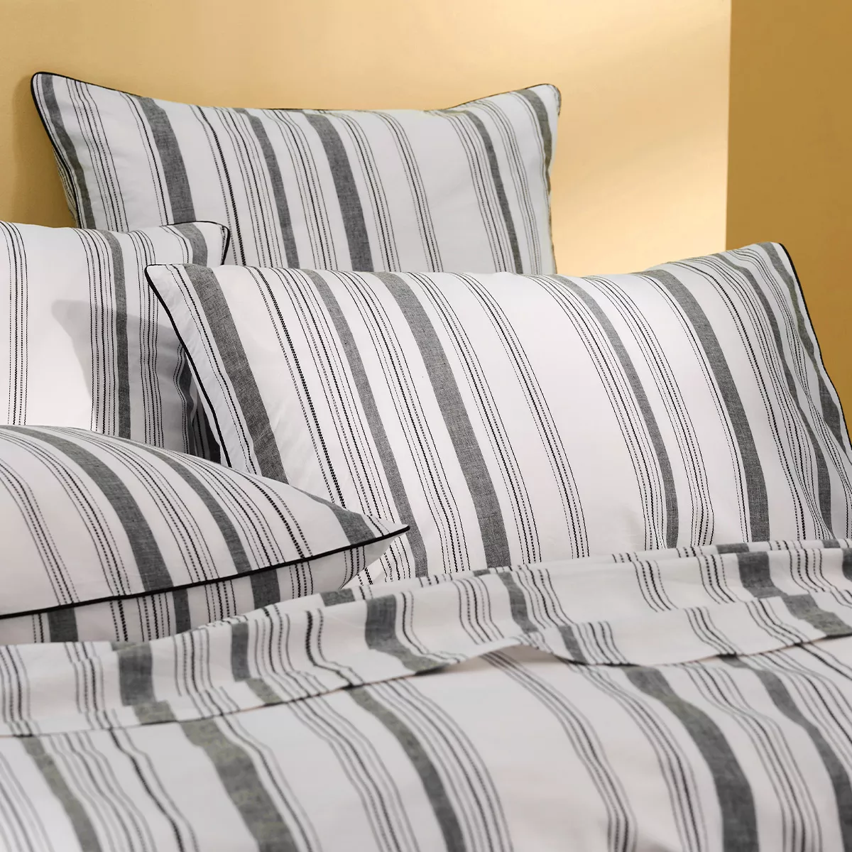 2 pillowcases 100% cotton prewashed tissé teint rayé black anthracite Portland granit