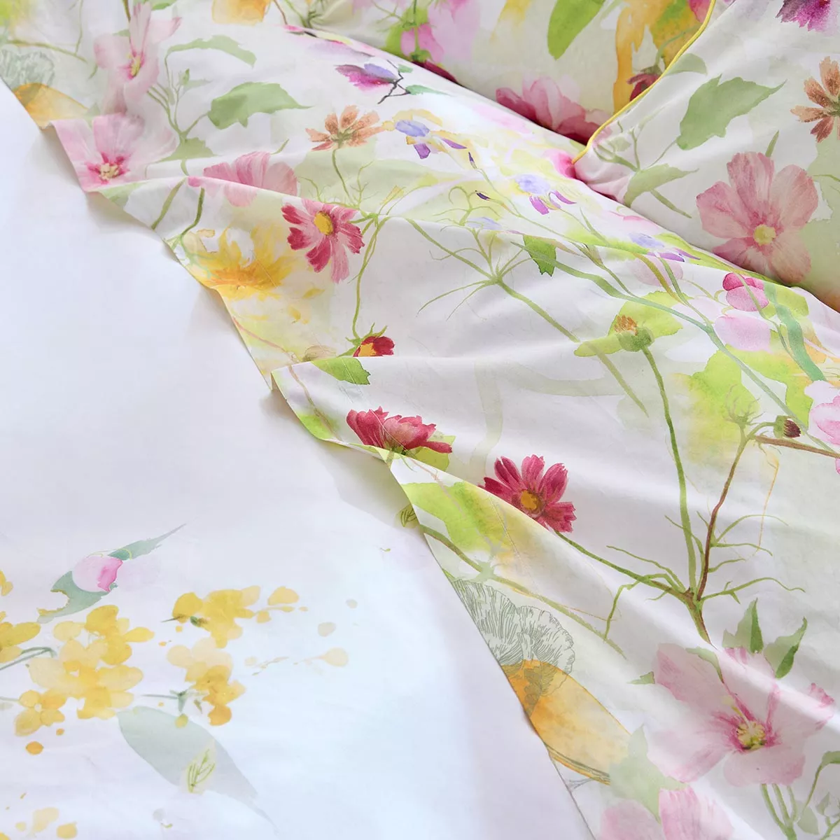 Flat sheet cotton percale prewashed 115 gsm printed green pink Souffle fleuri printemps