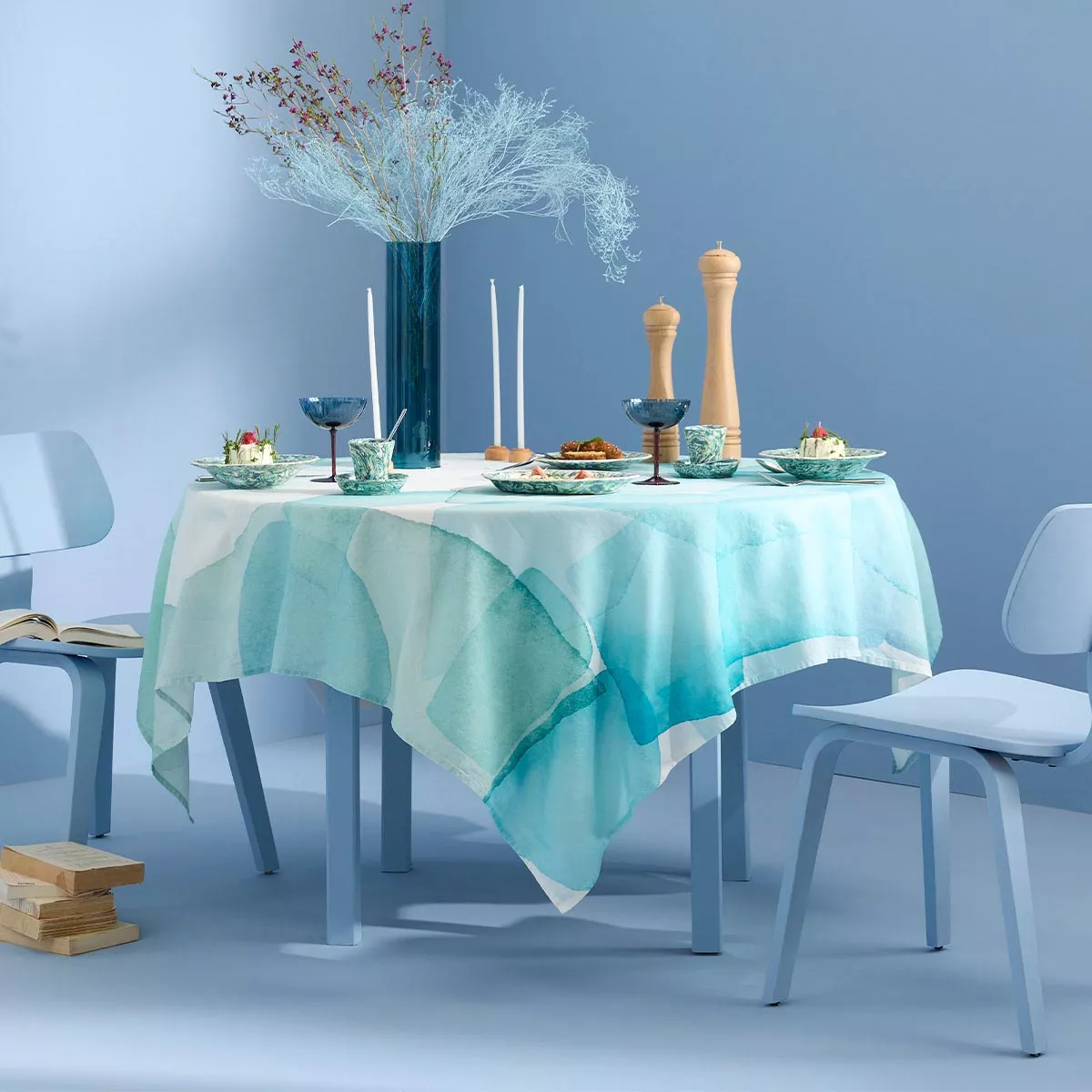 Tablecloth linen & cotton prewashed 150 gsm printed green blue Aqua mineral