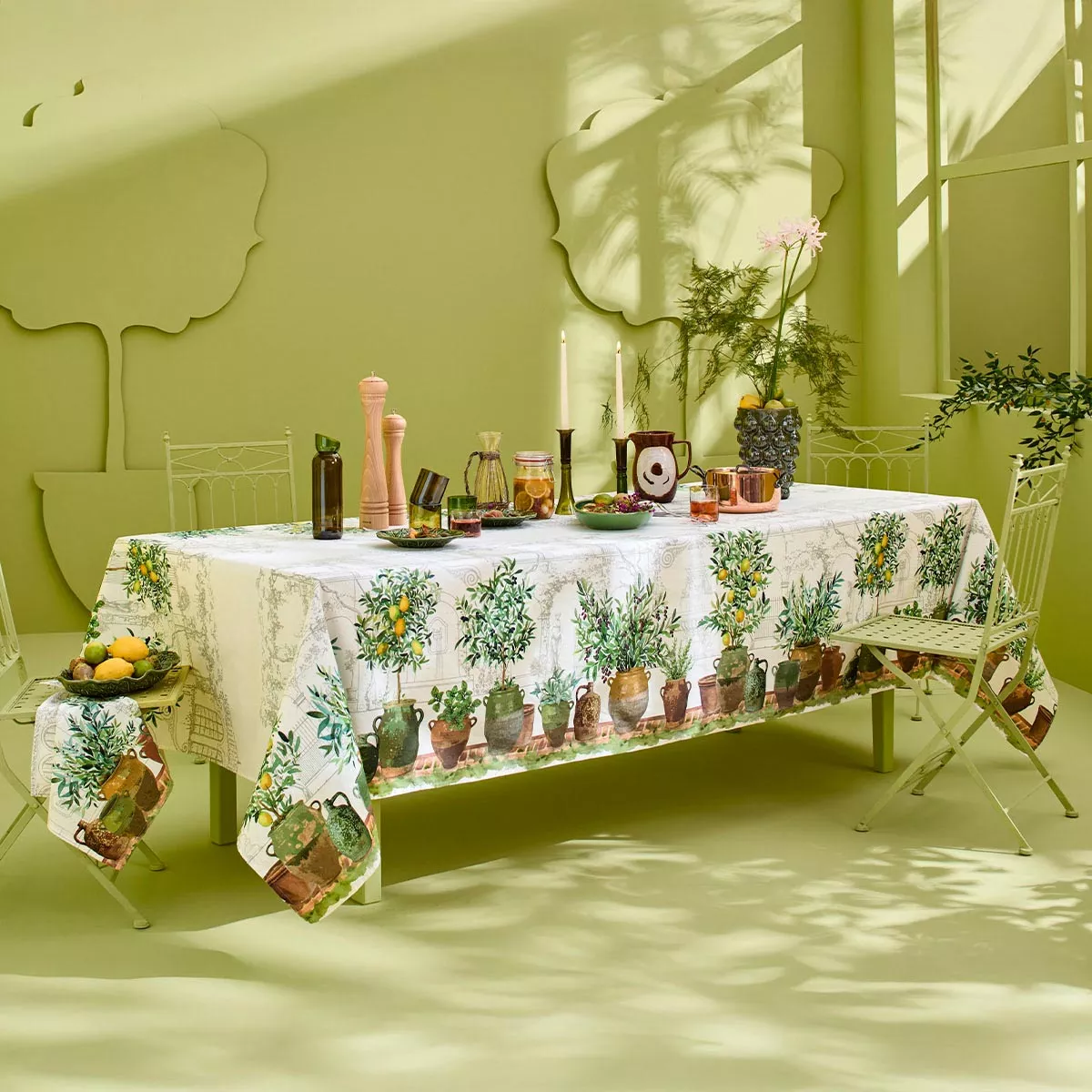 Tablecloth linen & cotton prewashed 190 gsm printed brown green Jardin provencal olive