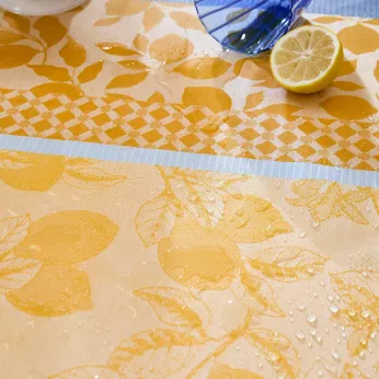 Tablecloth 100% cotton coated 220 gsm jacquard pattern blue yellow Mille citrons provence