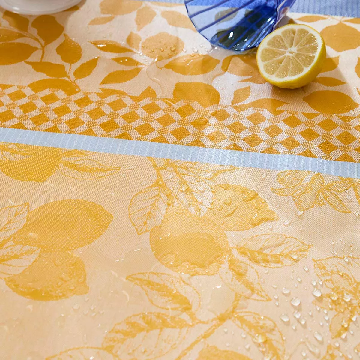 Tablecloth 100% cotton coated 220 gsm jacquard pattern yellow blue Mille citrons provence