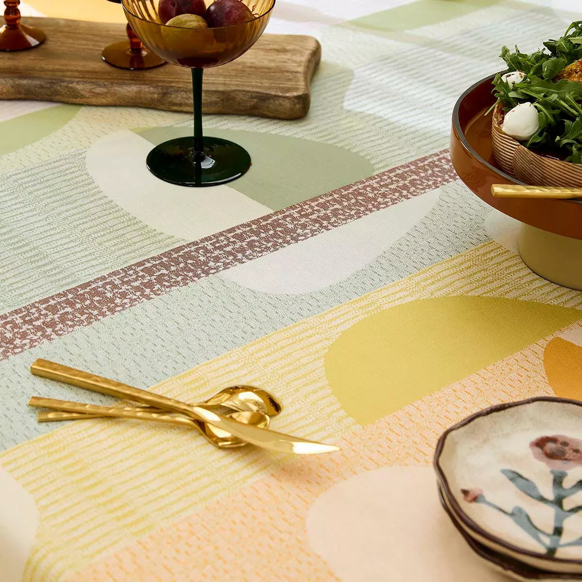 Table set 100% cotton coated 205 gsm jacquard pattern orange green Mille galets terre cuite
