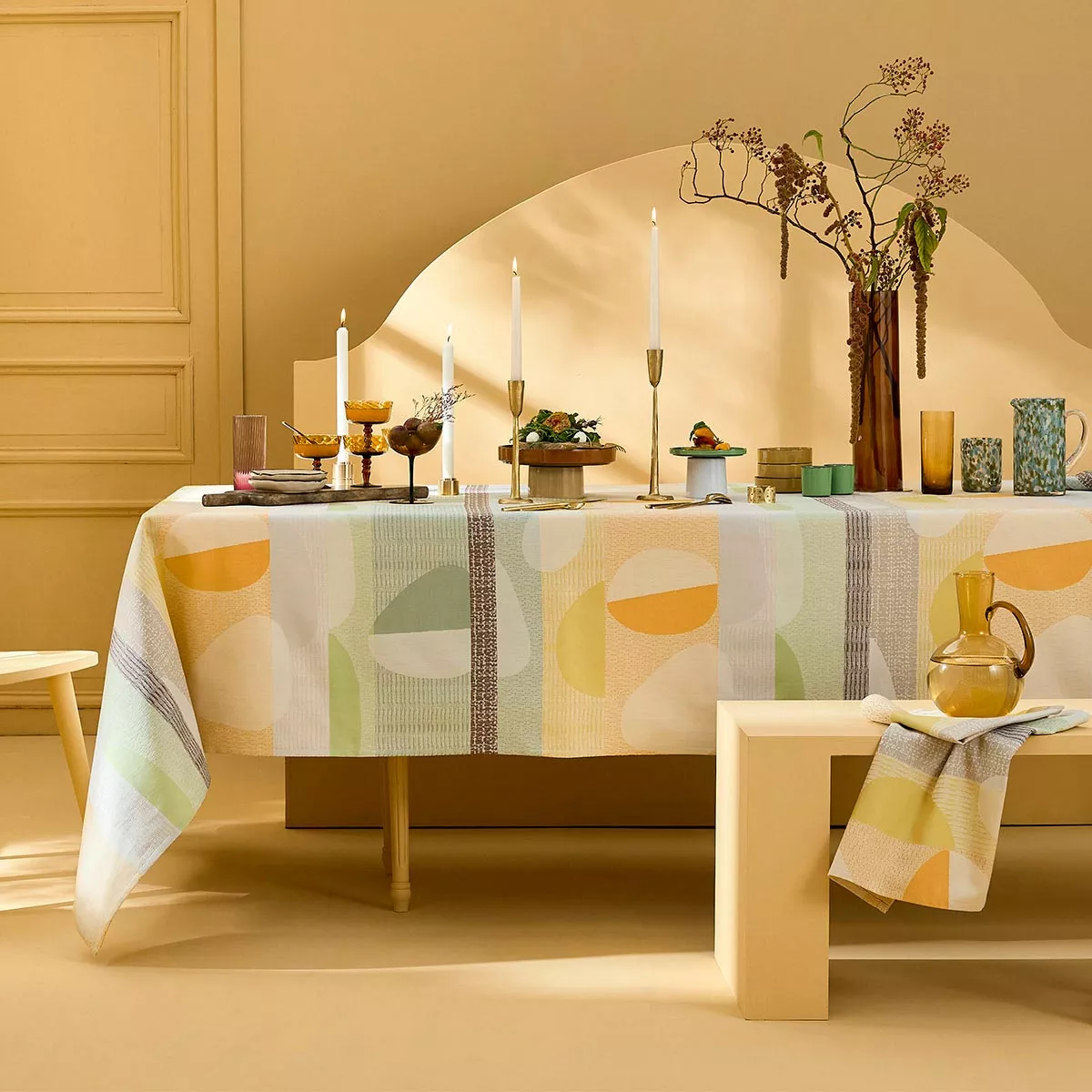 Tablecloth 100% cotton 205 gsm jacquard pattern orange green Mille galets terre cuite