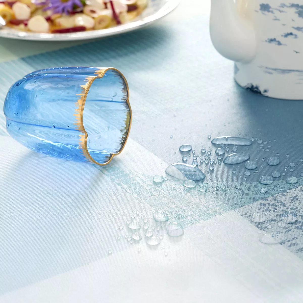 Tablecloth 100% cotton coated 220 gsm jacquard pattern green blue Mille textures bleu