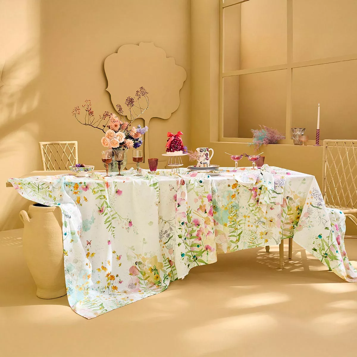 Tablecloth linen & cotton prewashed 150 gsm printed green pink Rosee du matin printemps