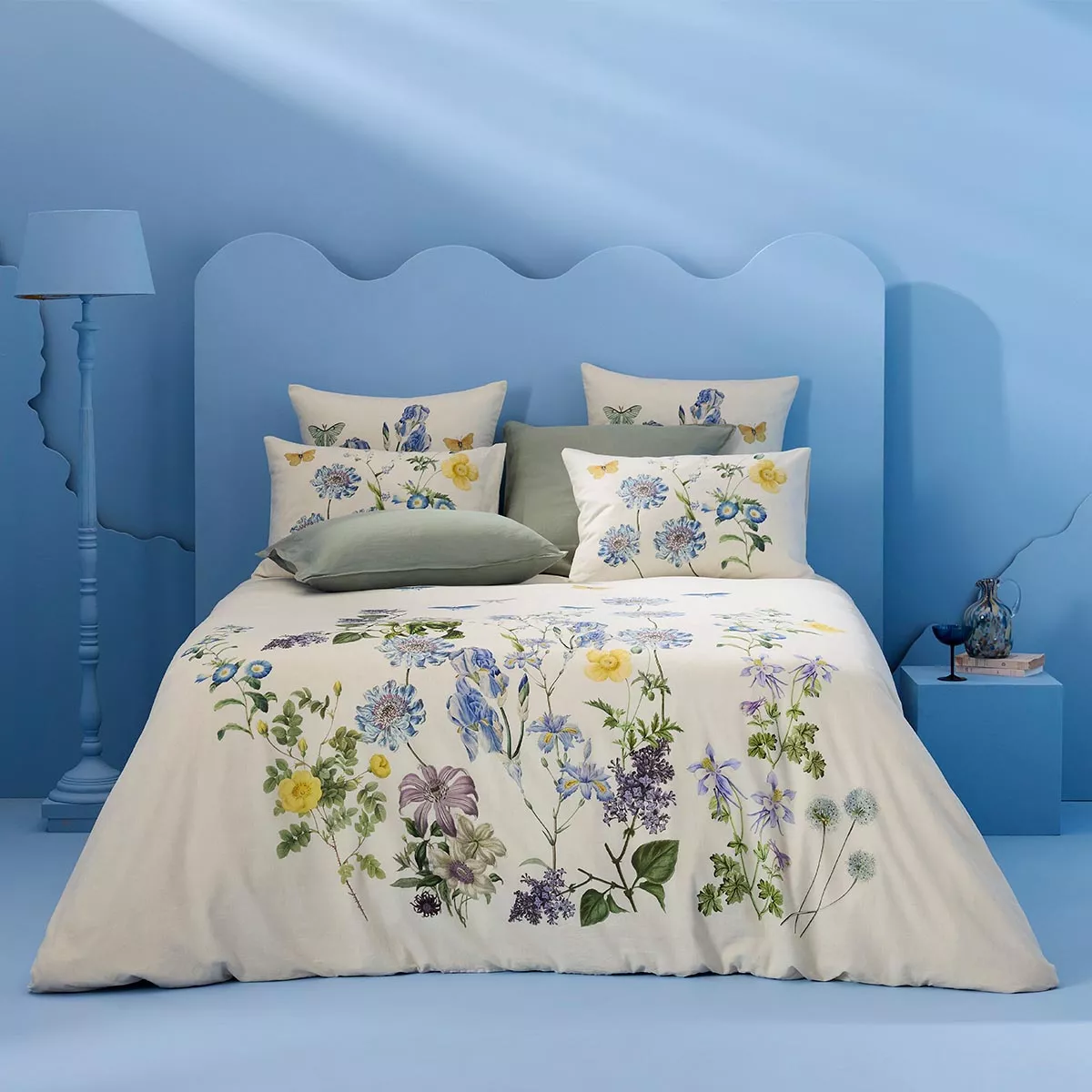 Bed set linen & cotton prewashed printed yellow blue Iris d'ete naturel