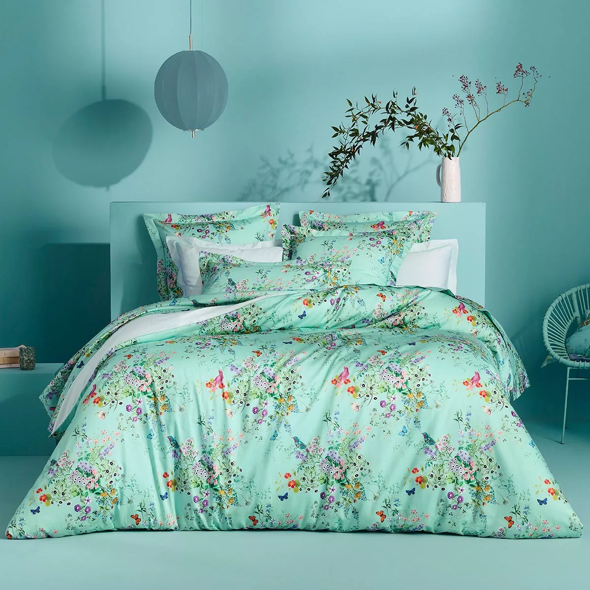 Bed set cotton sateen printed green blue Le printemps azur