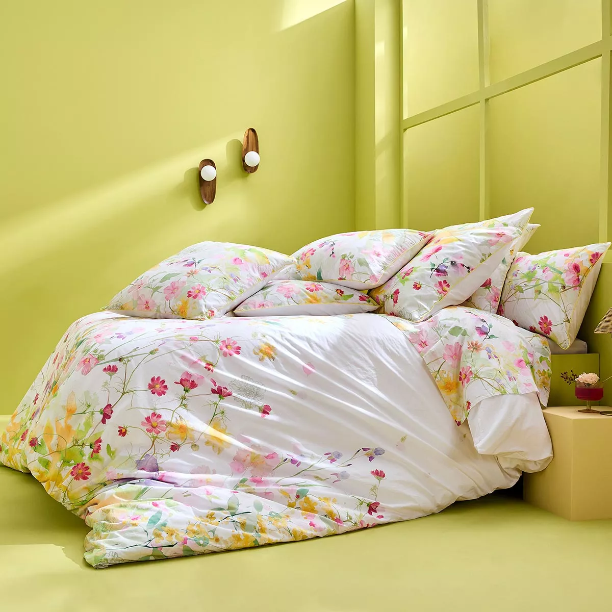 Bed set cotton percale prewashed printed green pink Souffle fleuri printemps