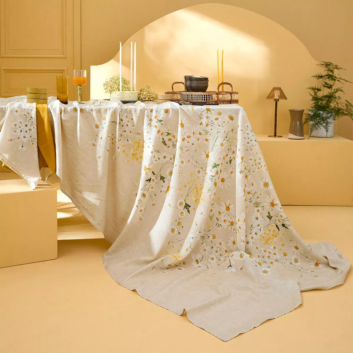 Table linen set linen & cotton prewashed 150 gsm printed beige yellow Daisy chanvre
