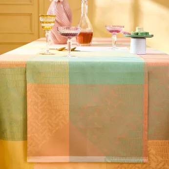 Table runner 100% cotton 205 gsm jacquard pattern pink yellow Mille empreintes pastel