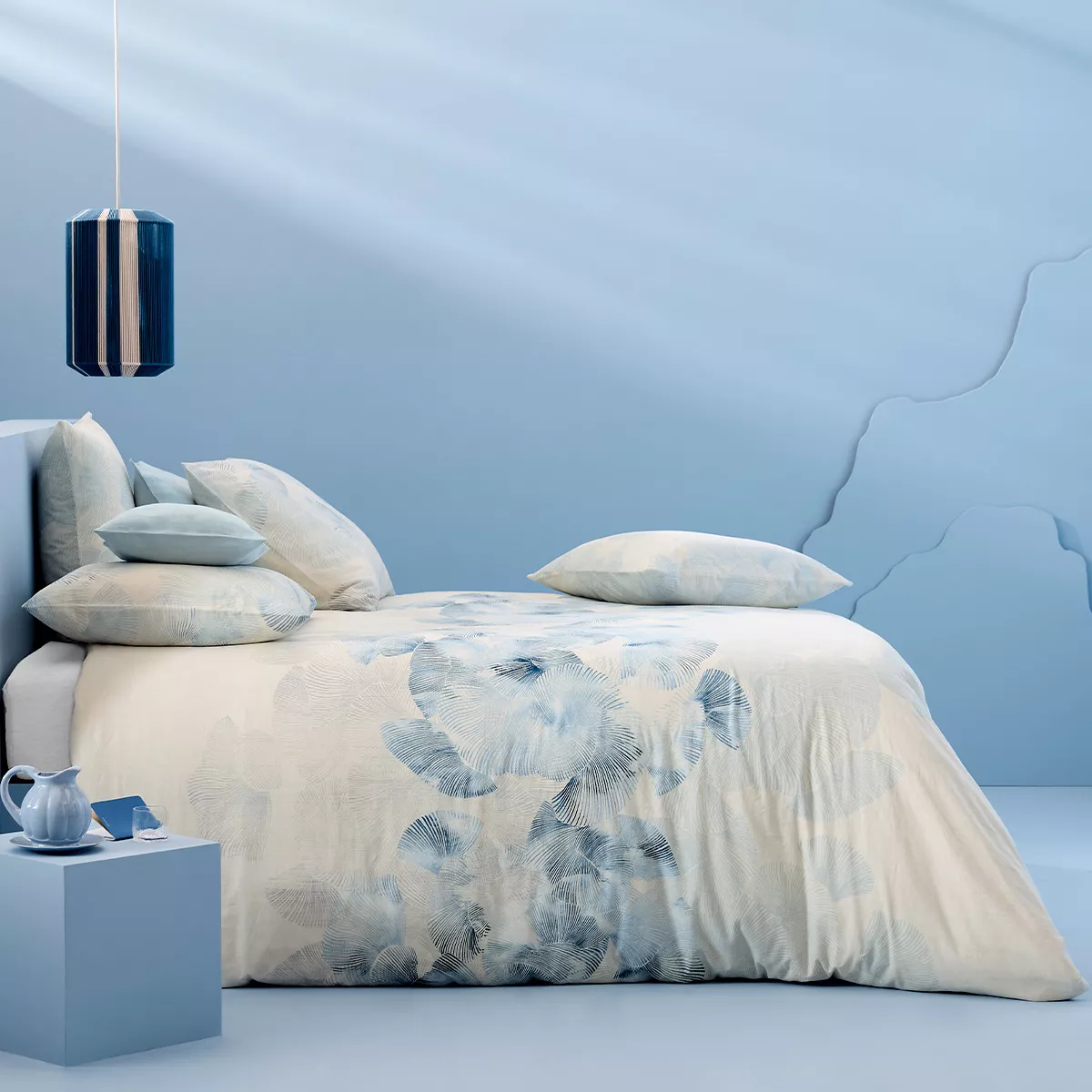 Bed set linen & cotton prewashed printed beige blue Vagues indigo