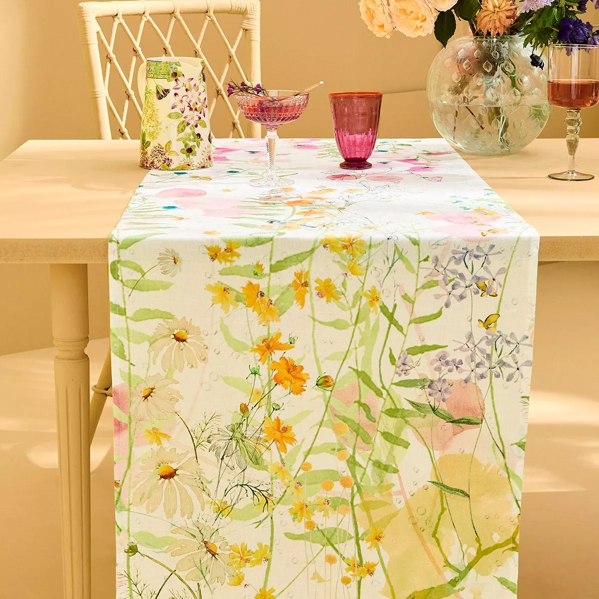 Table runner linen & cotton prewashed 150 gsm printed green pink Rosee du matin printemps